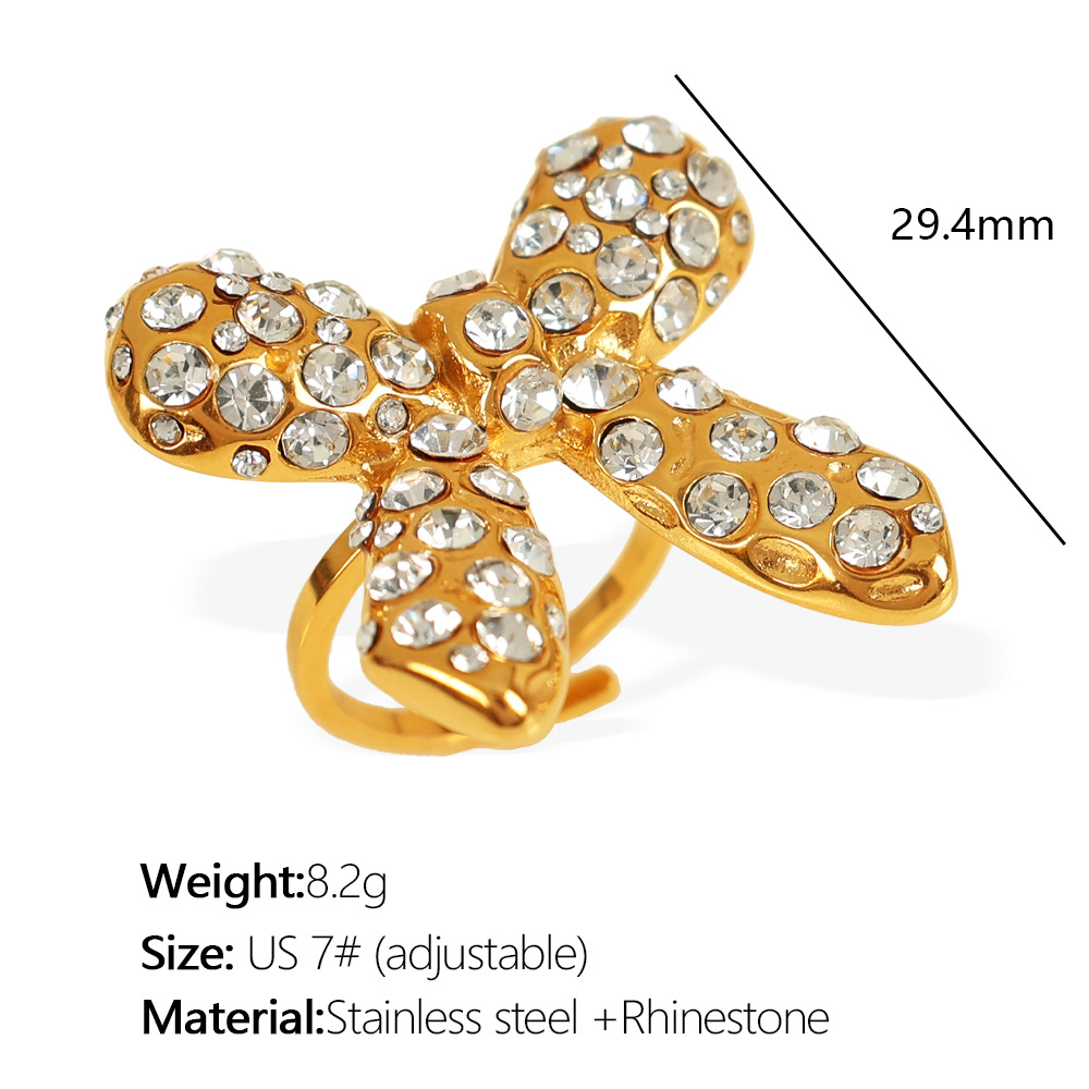 Gold color / One size / 1 Pair Simple Series Retro Bow Knot Stainless Steel  Gold Color Rhinestone Women's Adjustable Rings Picture2